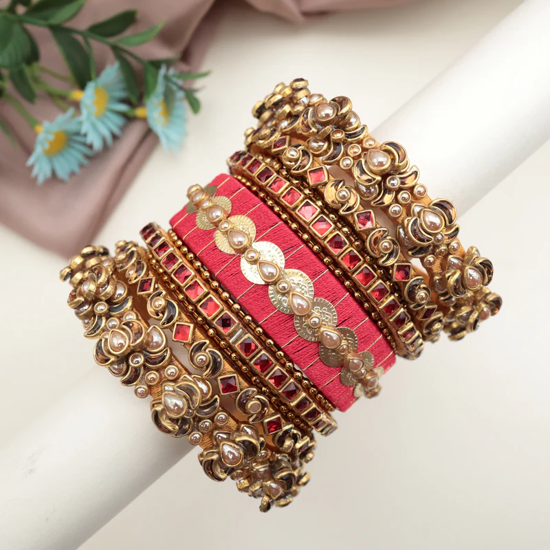 Handmade Silk Thread Kundan Heavy Bridal Bangles Set - Lakshmi